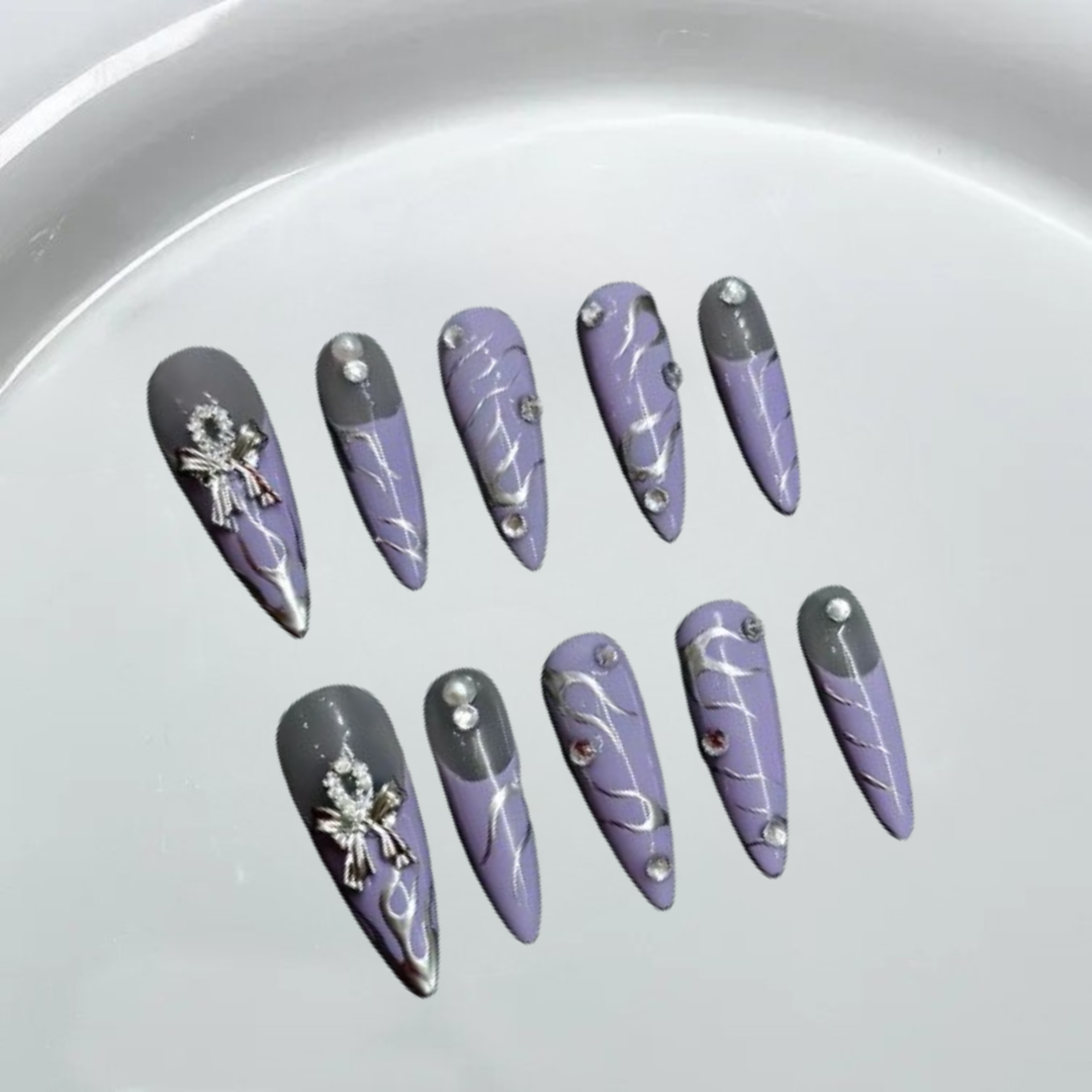 Purple Pearl Hand Painted French Stiletto Nails-XHS196