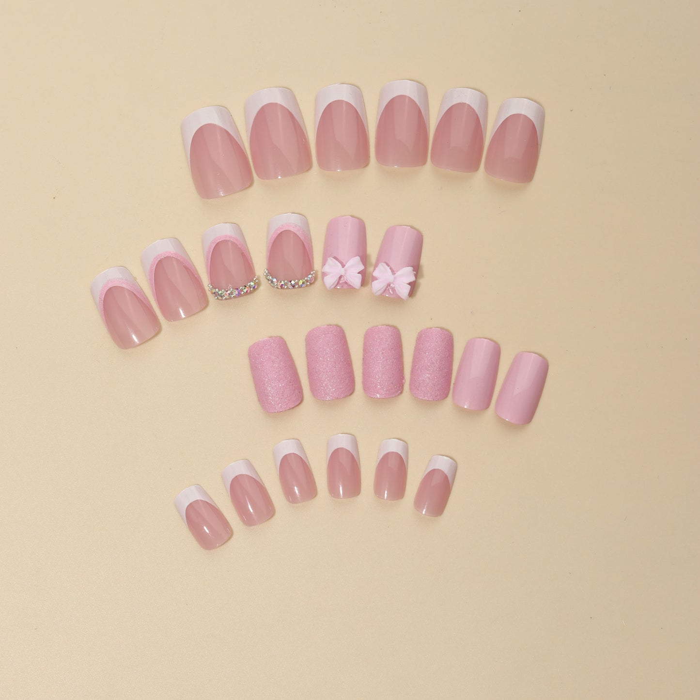 Short Glossy European, American and French Style Pink Bow Cute Sweet Wear Nail Simple Ins All-Match Manicure 24 Pieces