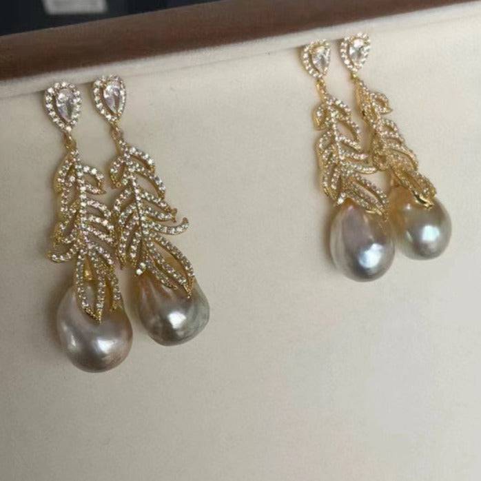 White South Sea Baroque Pearl Feather Earrings