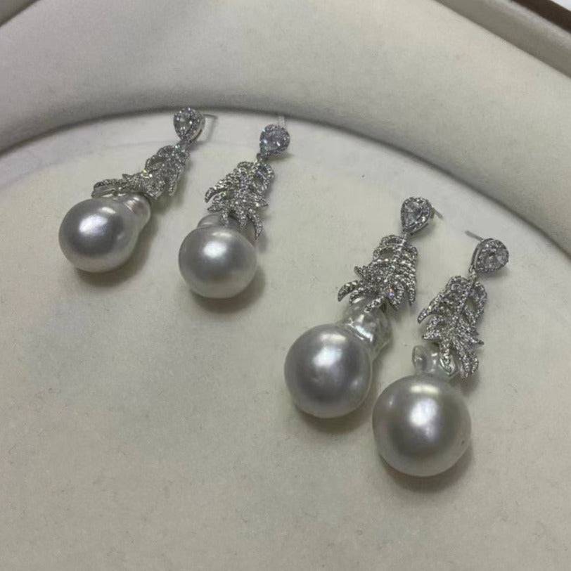 White South Sea Baroque Pearl Feather Earrings