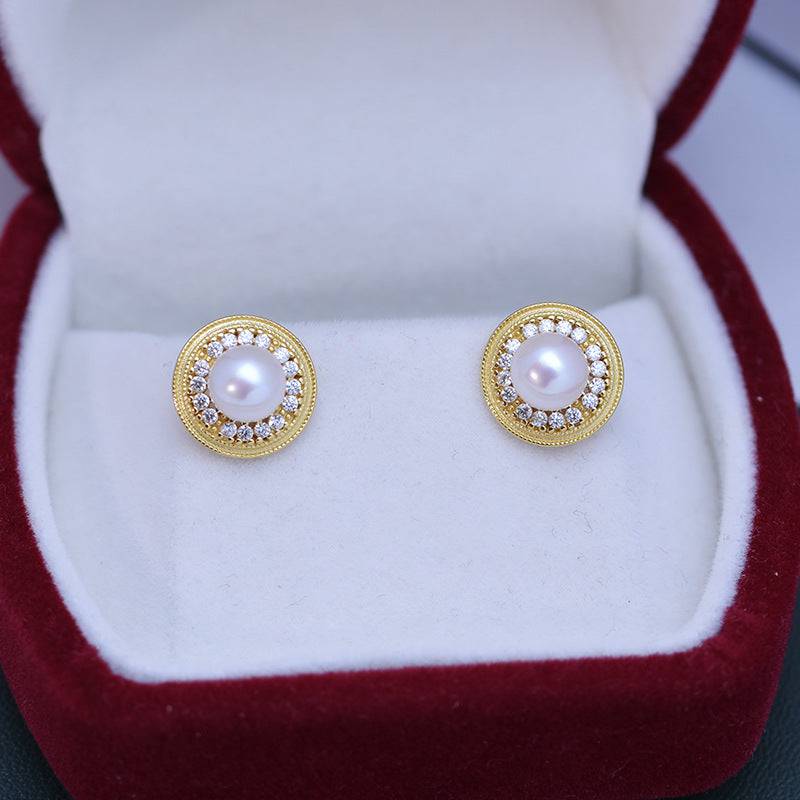 White Freshwater Pearl Sunflower Stud Earrings