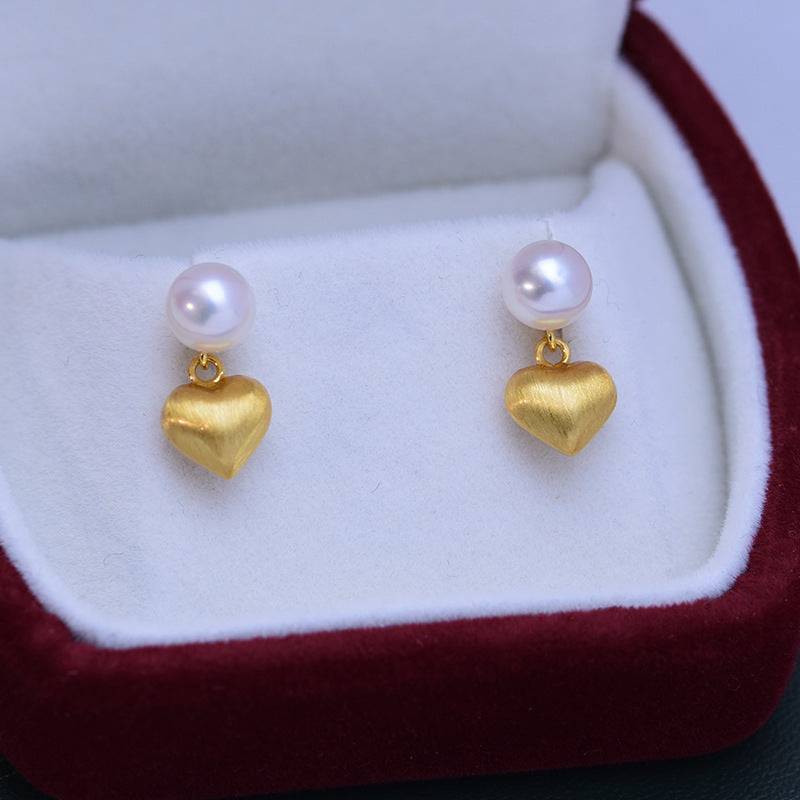 White Freshwater Pearl Heart Earrings in Gold