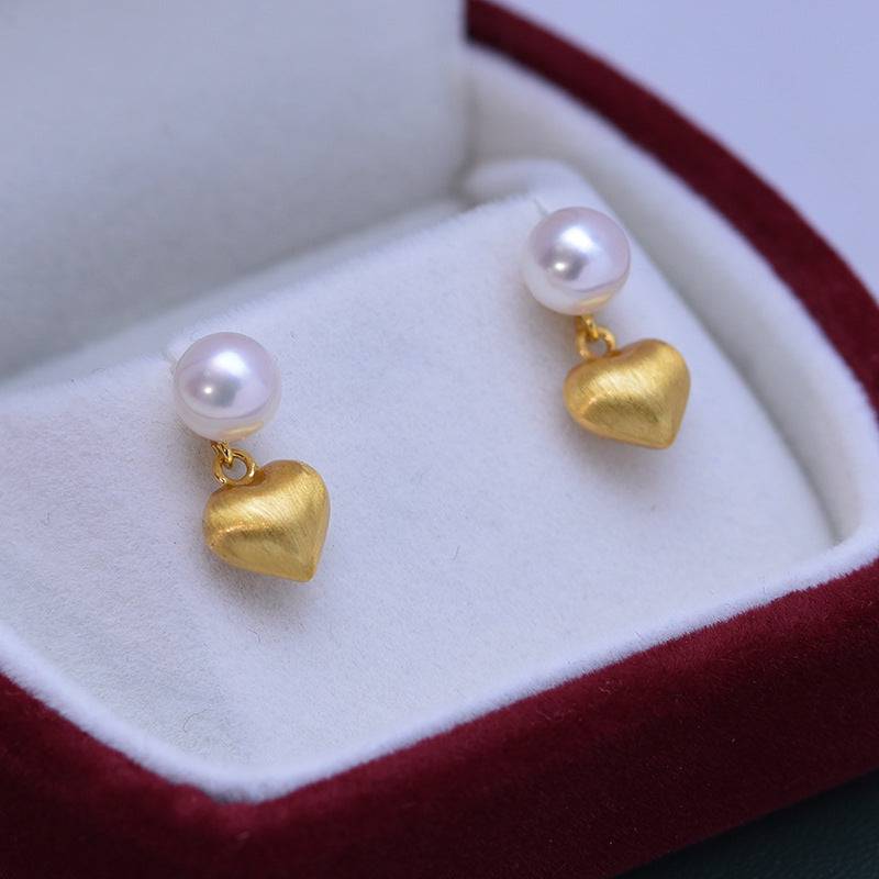 White Freshwater Pearl Heart Earrings in Gold