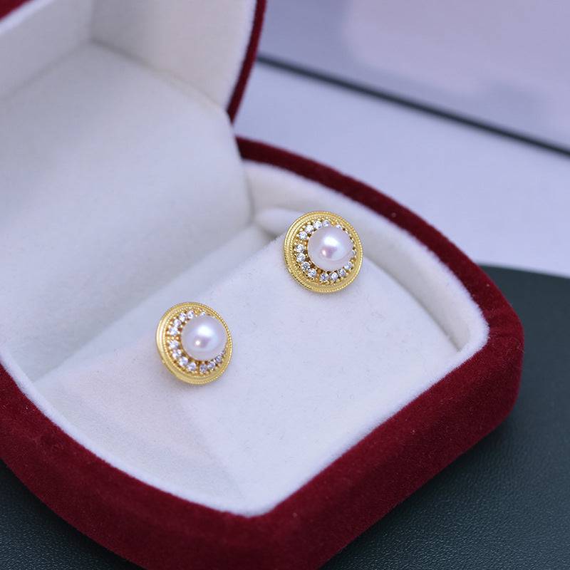 White Freshwater Pearl Sunflower Stud Earrings