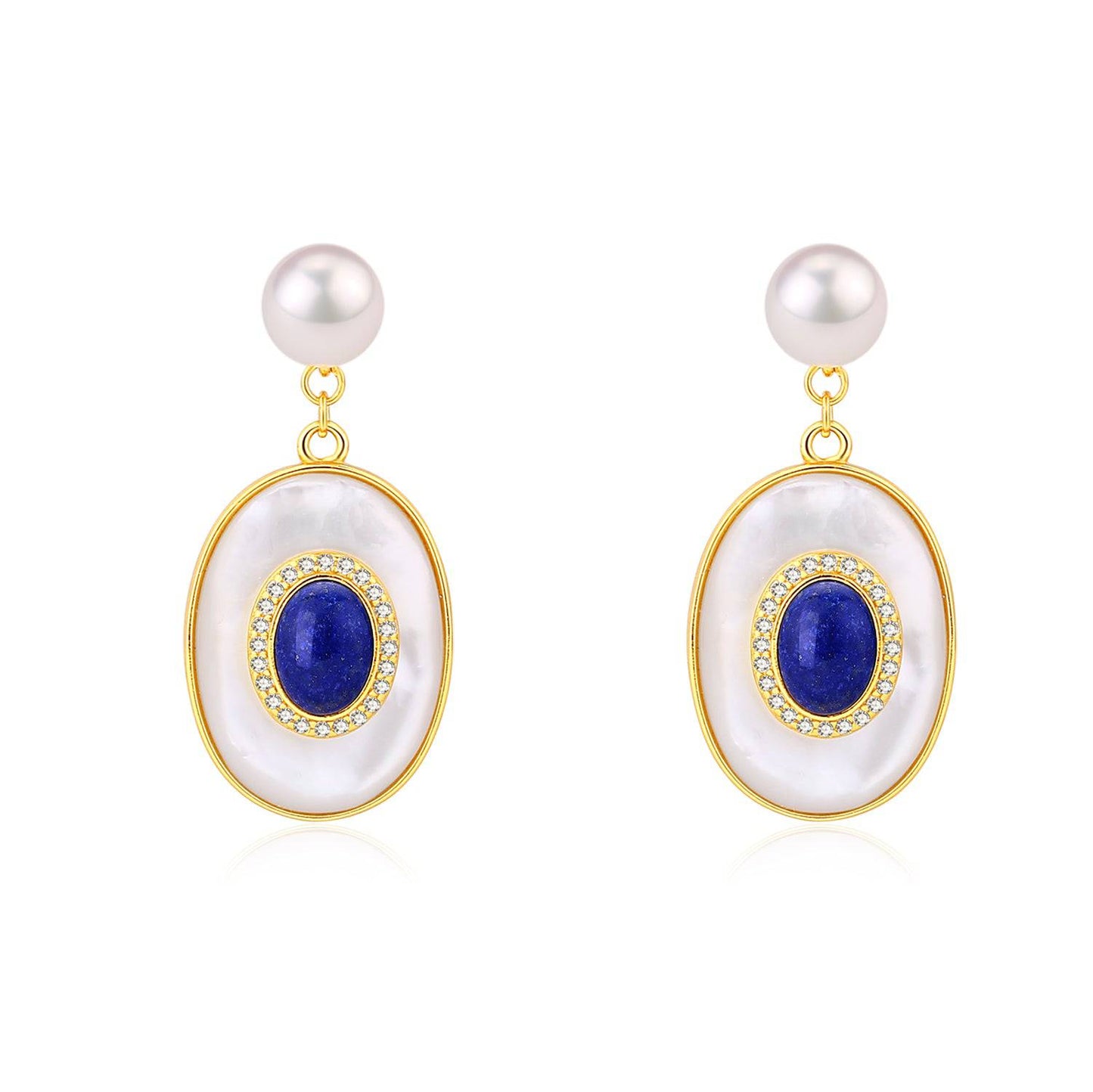 Blue Lapis Lazuli Mother of Pearl Earrings in Gold Vermeil