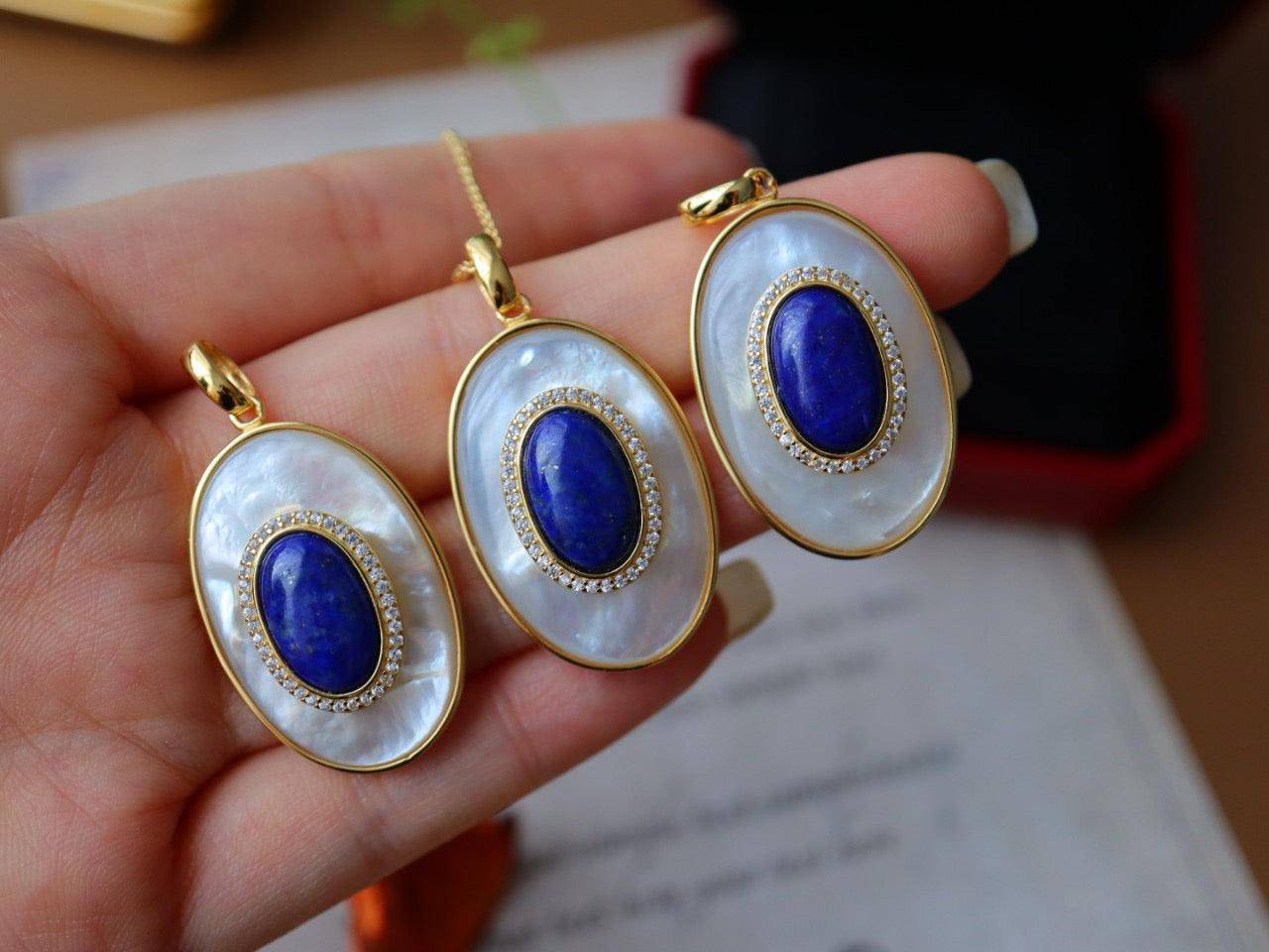 Blue Lapis Lazuli Mother of Pearl Earrings in Gold Vermeil