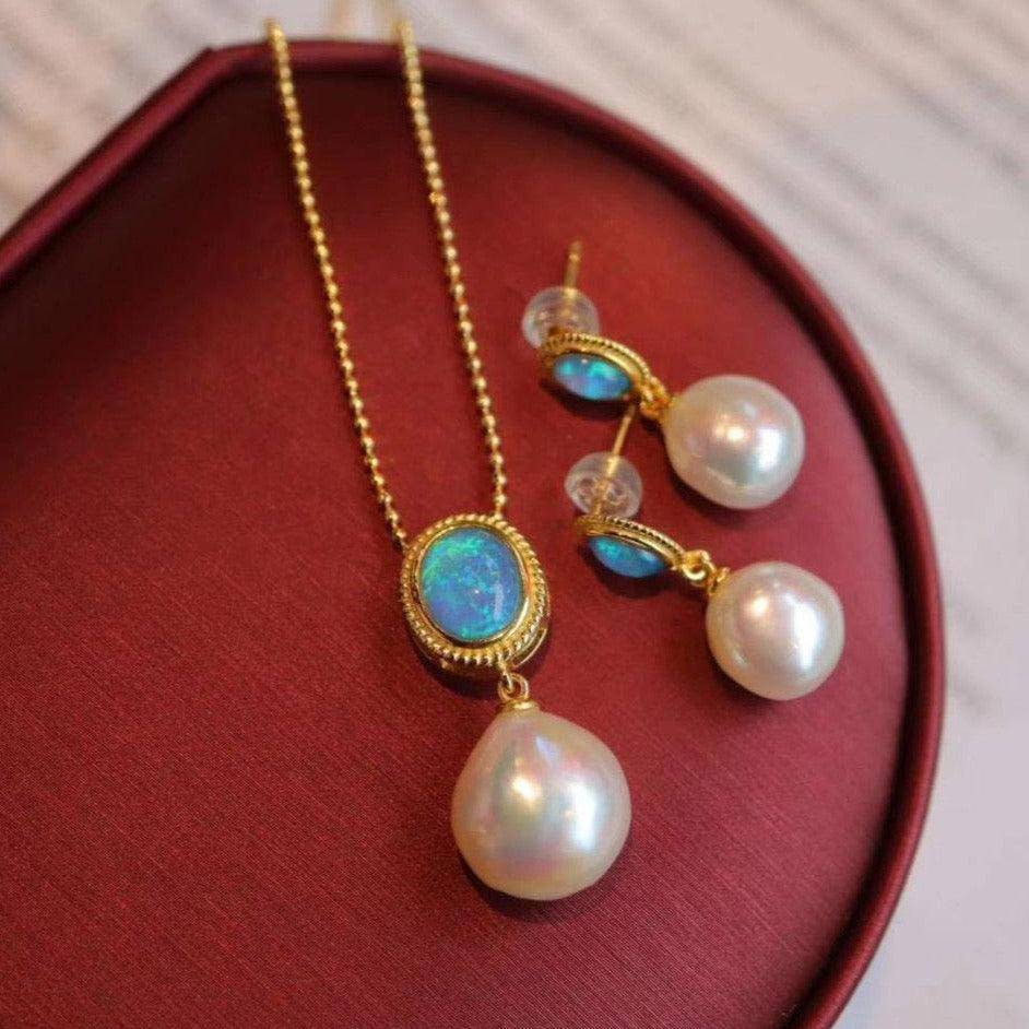 Baroque Pearl Earrings with Opal in Gold Vermeil