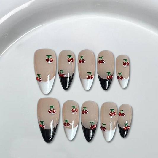 Black&White French Cherry Almond Nails-XHS185