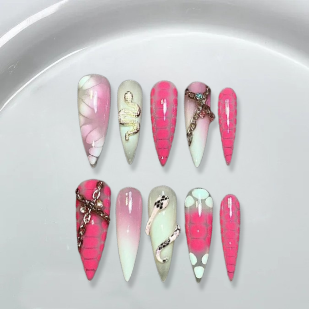 Y2k pink cat-eye snake aurora stiletto nails-XHS199