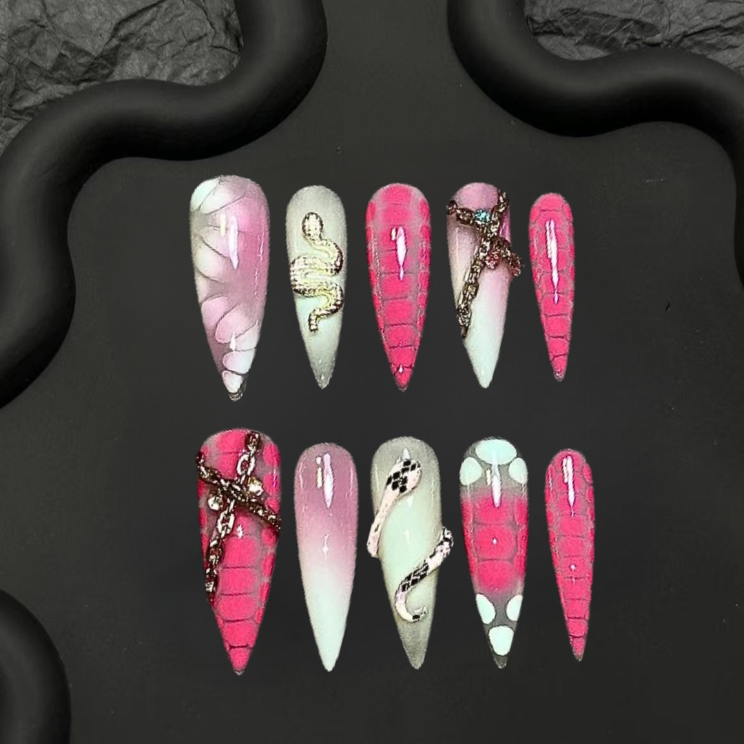 Y2k pink cat-eye snake aurora stiletto nails-XHS199