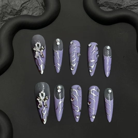 Purple Pearl Hand Painted French Stiletto Nails-XHS196