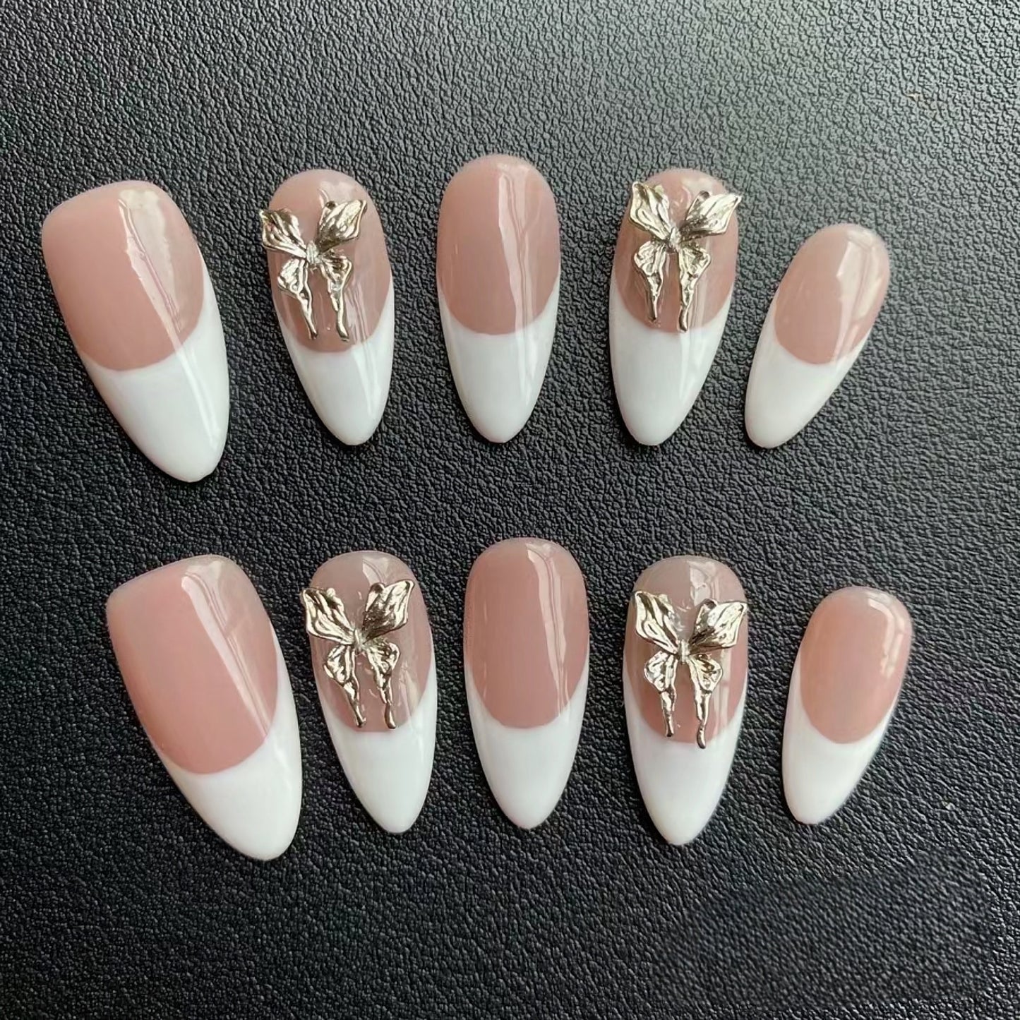 White French Butterfly Almond Nails-XHS228