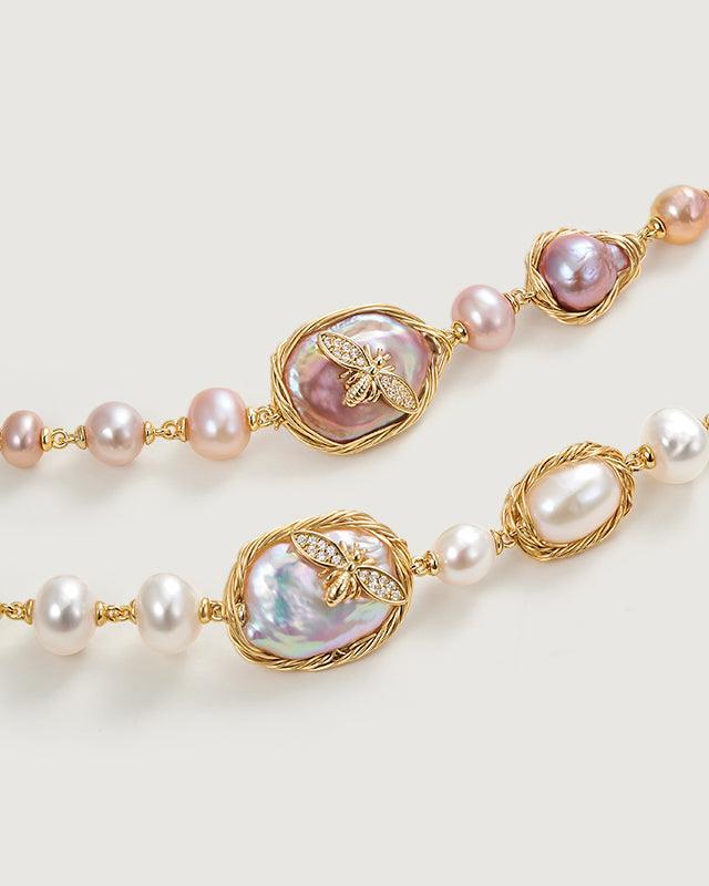 Baroque Pearl Bracelet with Golden Wing Design