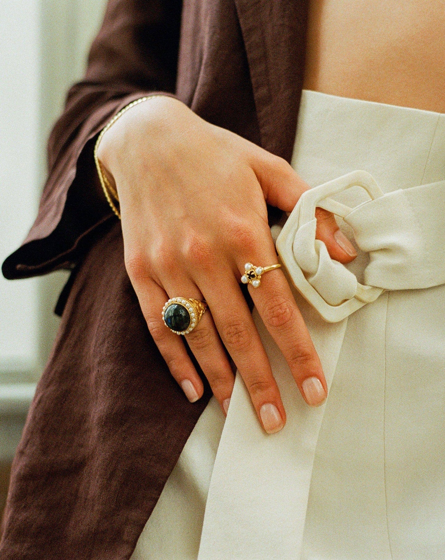 18k Gold Vermeil Ring with Pearl and Black Onyx