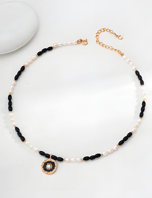 Natural Pearl and Black Onyx Pendant Necklace