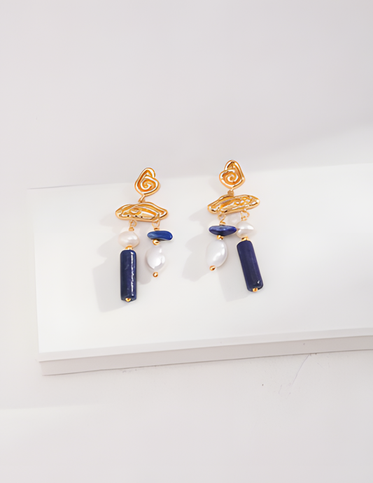 Retro Abstract Lapis Lazuli Pearl Earrings