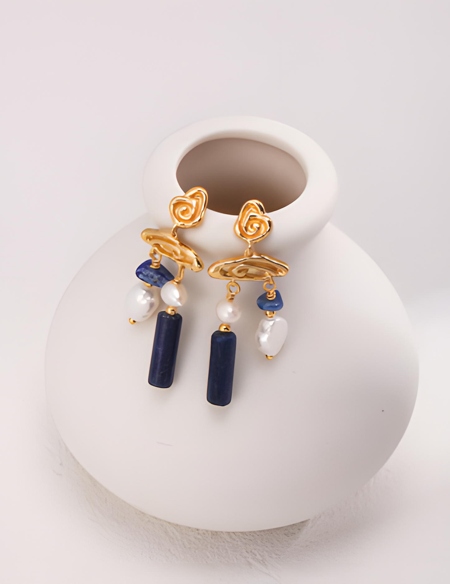 Retro Abstract Lapis Lazuli Pearl Earrings