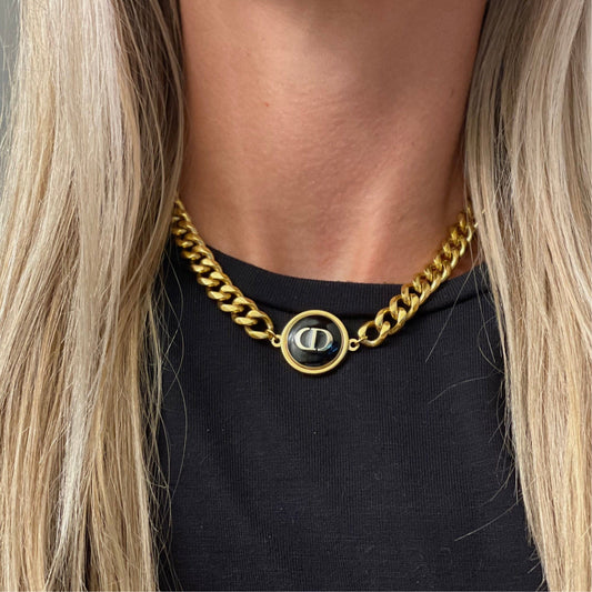 Gold & Navy CD Button Necklace