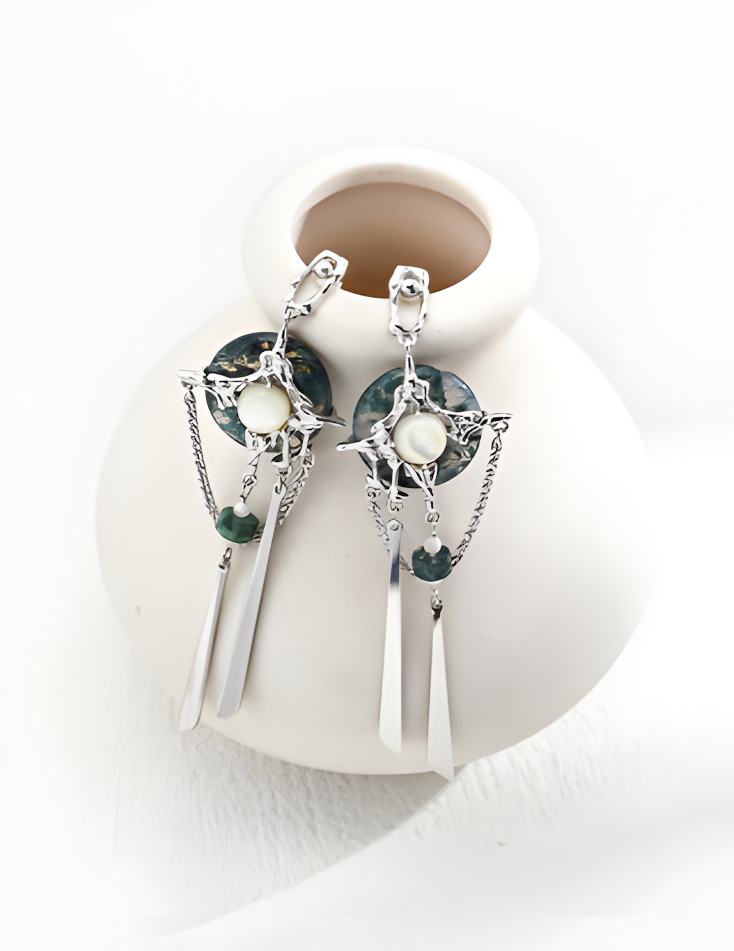 Chinese Style Silver Butterfly Shell Ring Earrings