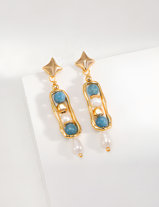 Gold and Blue Pearl Earrings