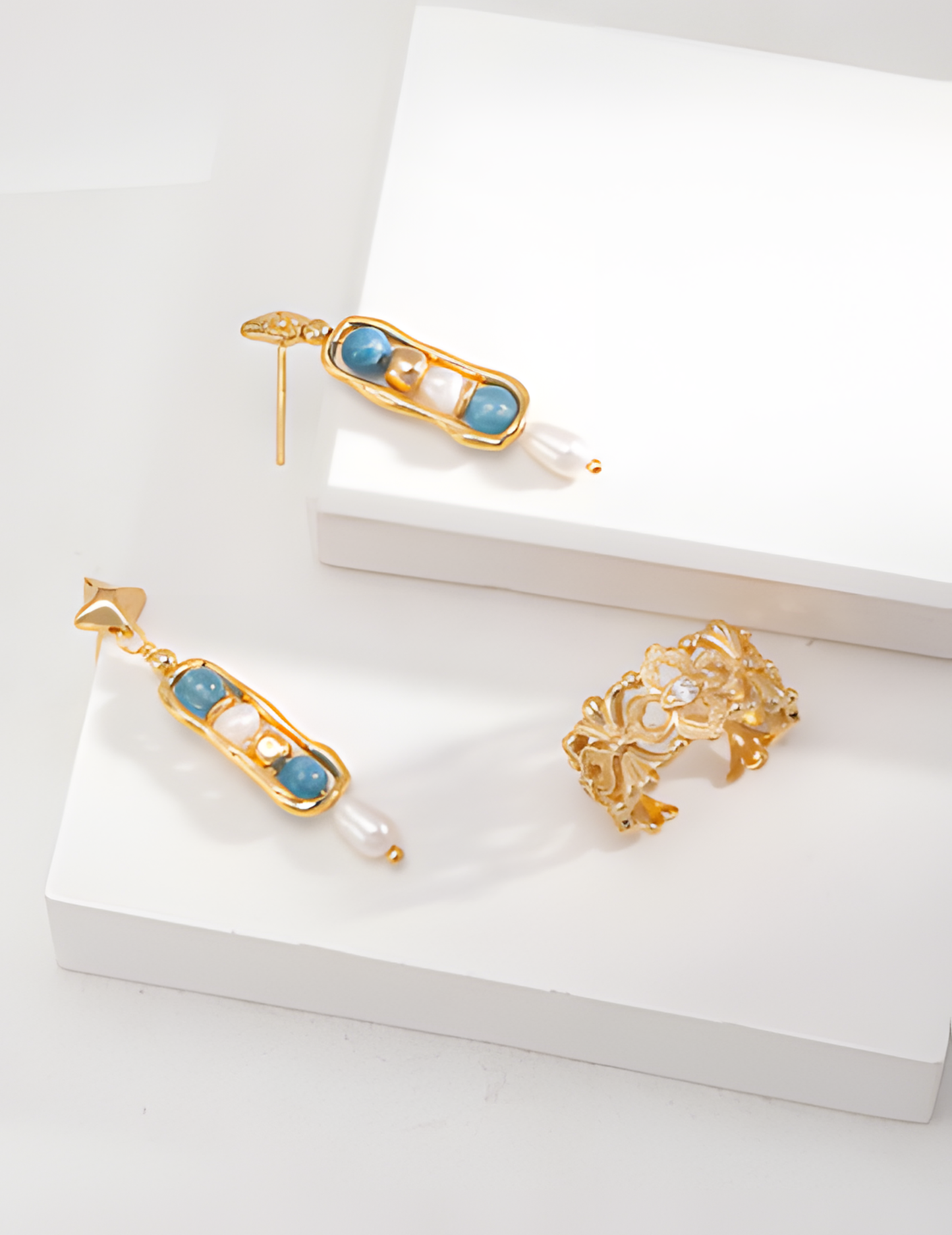 Gold and Blue Pearl Earrings