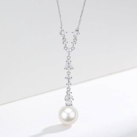 White Freshwater Pearl and Cubic Zirconia Y-Shape Necklace