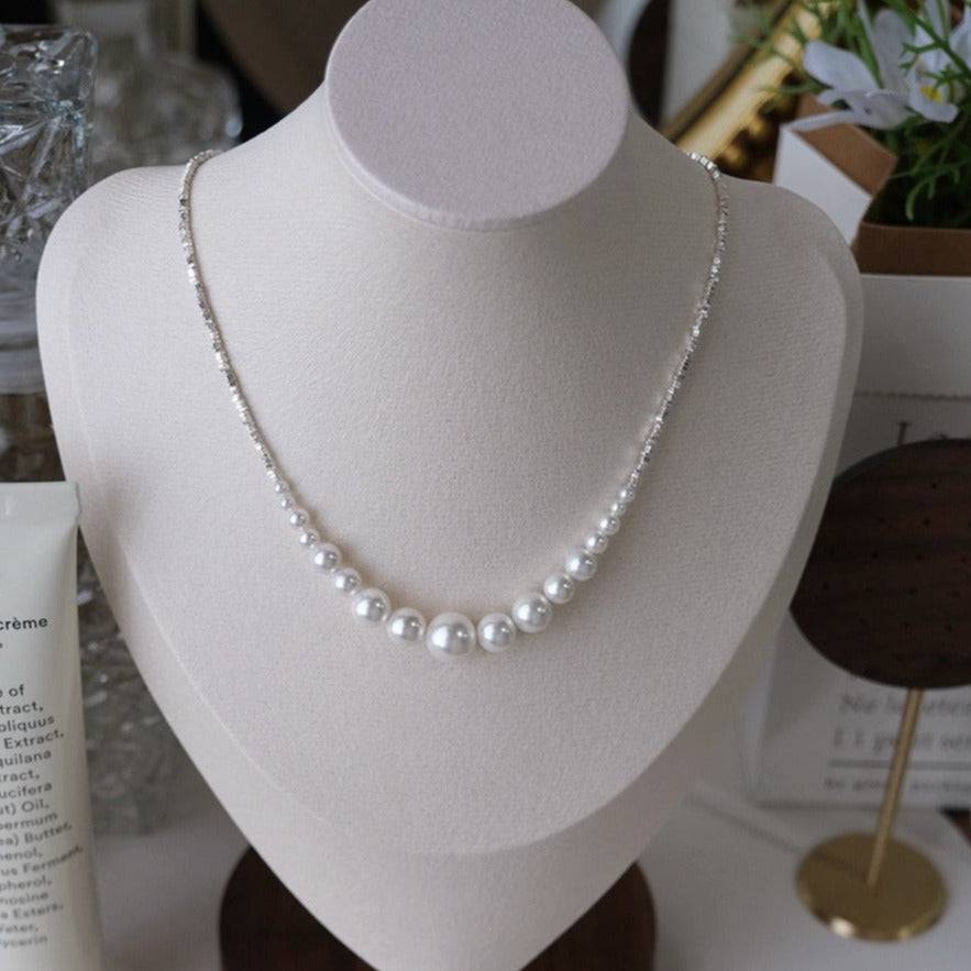 White Pearl Necklace with Silver Shards Design