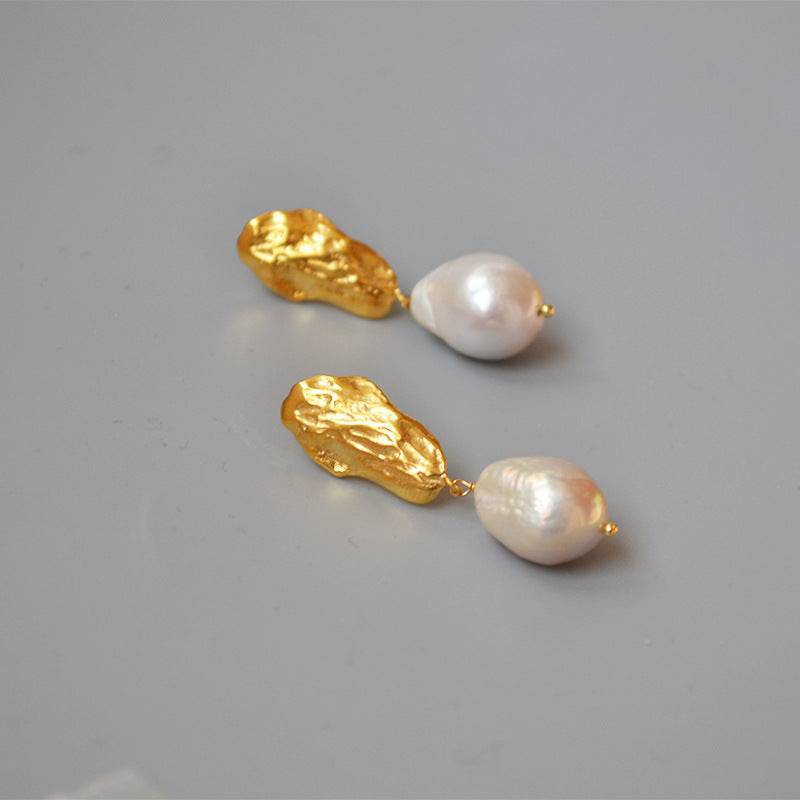 Gold Baroque Pearl Long Drop Earrings