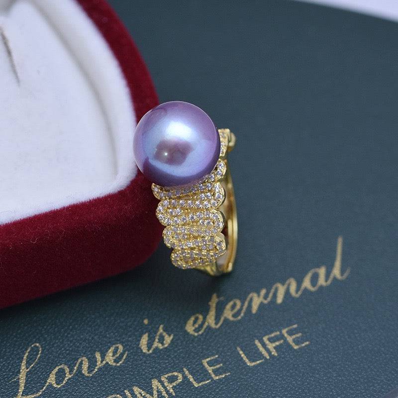 Wide Freshwater Pearl and CZ Ring in Silver