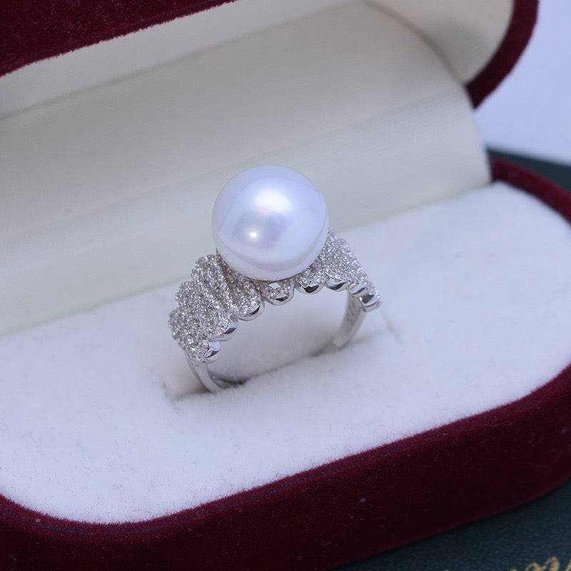 Wide Freshwater Pearl and CZ Ring in Silver