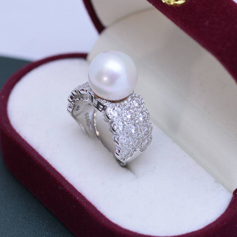 Wide Ring with Freshwater Pearls and CZ Stones