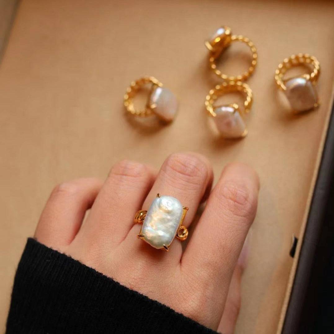 Adjustable Baroque Pearl Ring in Gold Vermeil