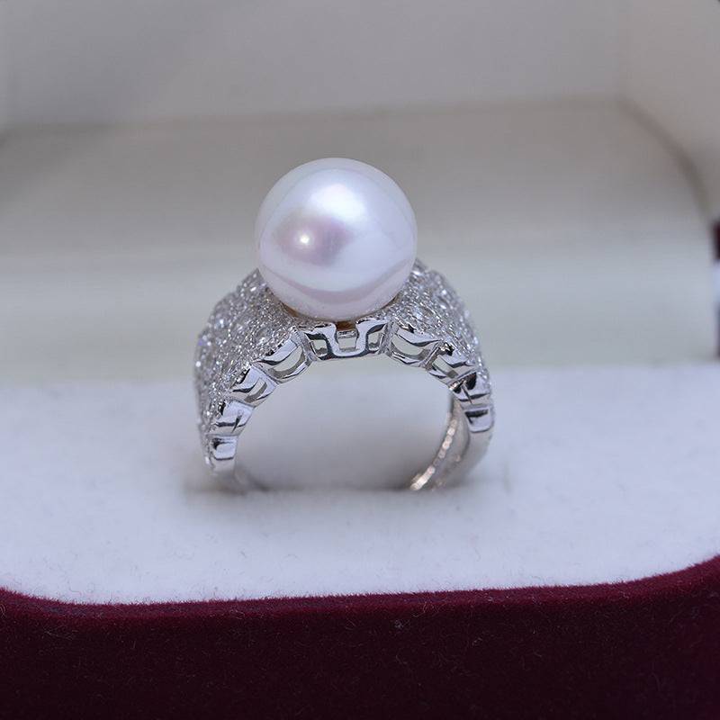 Wide Ring with Freshwater Pearls and CZ Stones