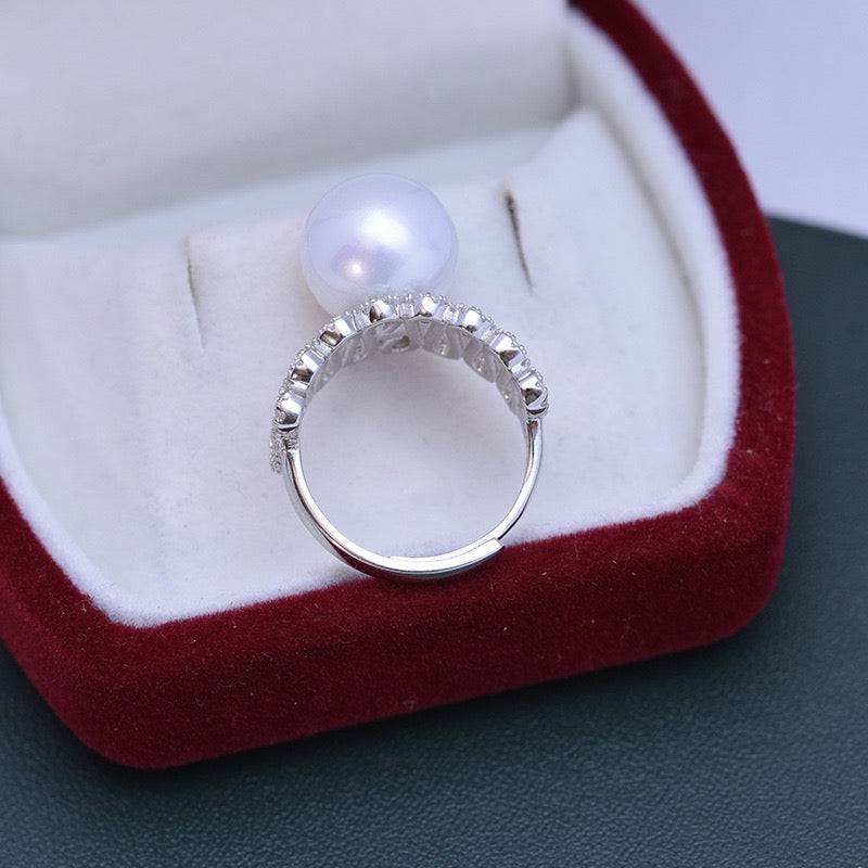 Wide Freshwater Pearl and CZ Ring in Silver