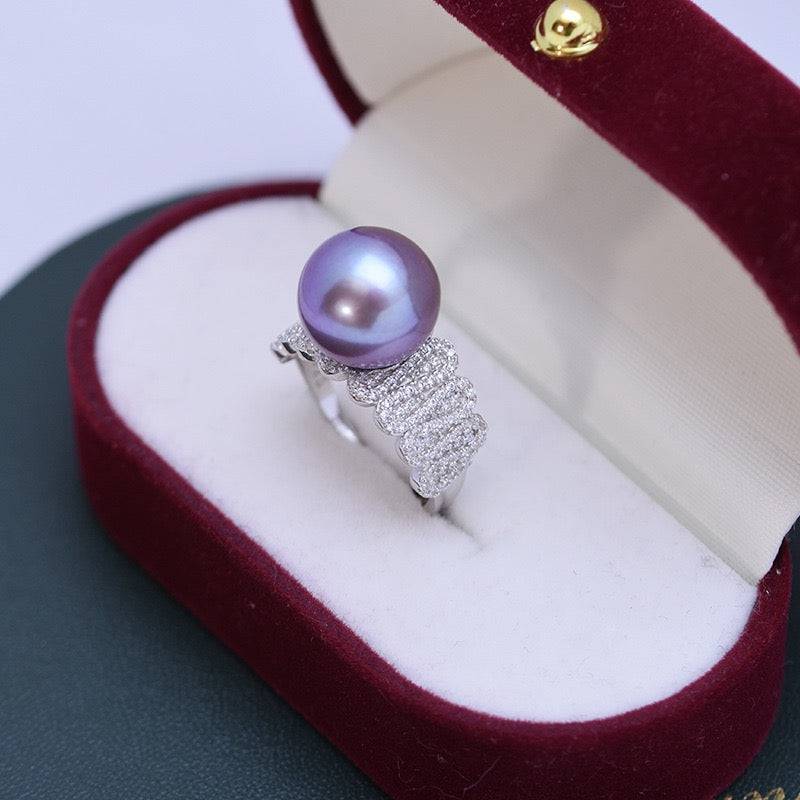 Wide Freshwater Pearl and CZ Ring in Silver