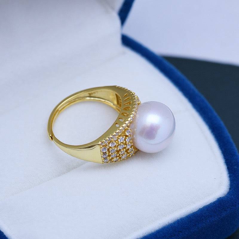 Wide Ring with Freshwater Pearls and CZ