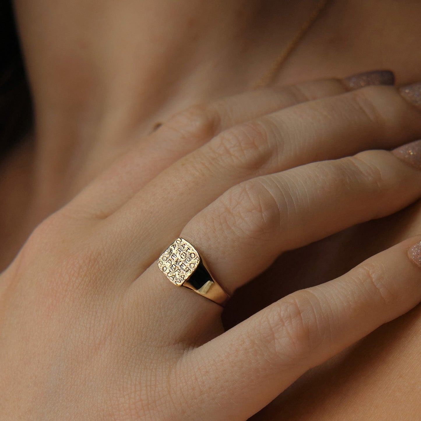 Gold Signet Ring with Magic Sator Square Design